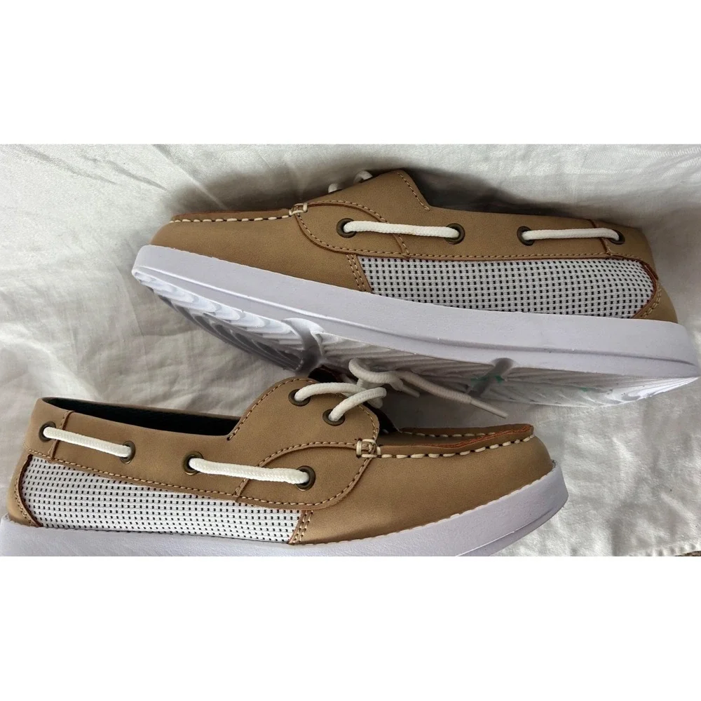 Boat Shoes Mens Boys 7.5 Tan White Mesh Nautical Deck Loafers Preppy Island Surf